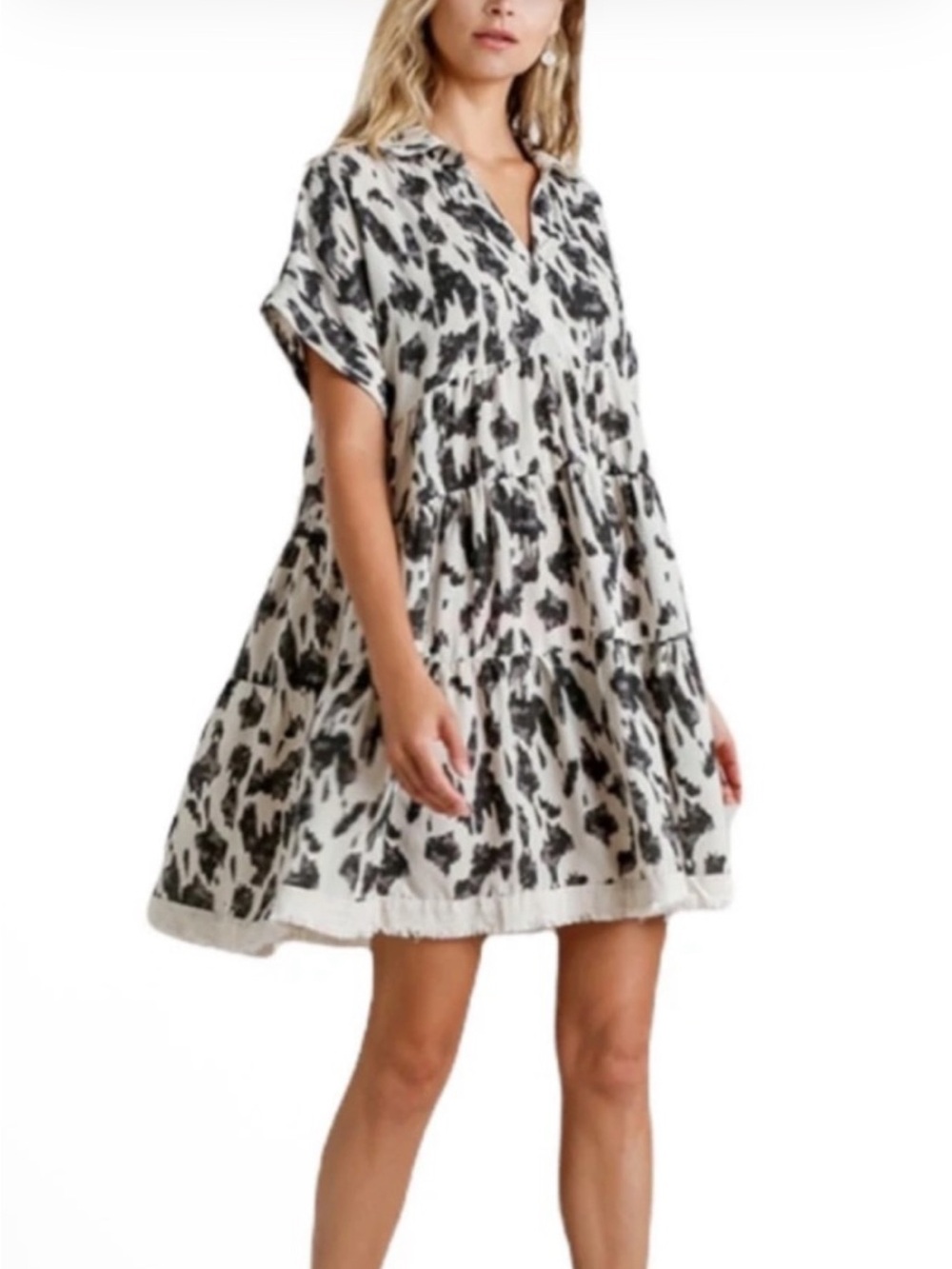 Umgee Animal print frayed babydoll shirt dress- oversized & stylish.